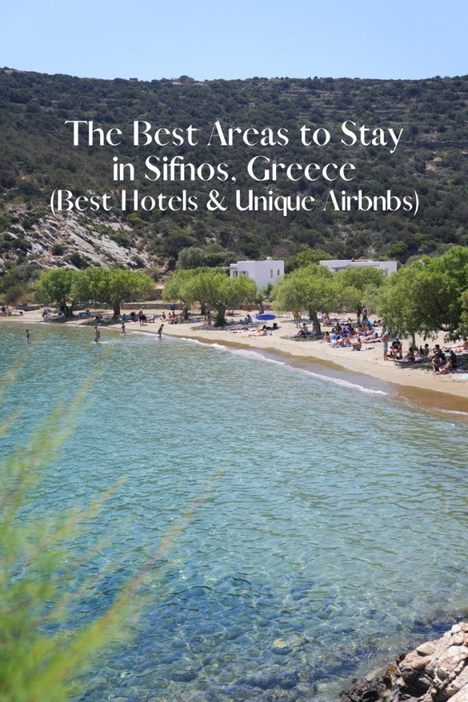 Pinterest graphic: The Best Areas to Stay in Sifnos, Greece (Best Hotels & Unique Airbnbs), over a tree-lined beach.