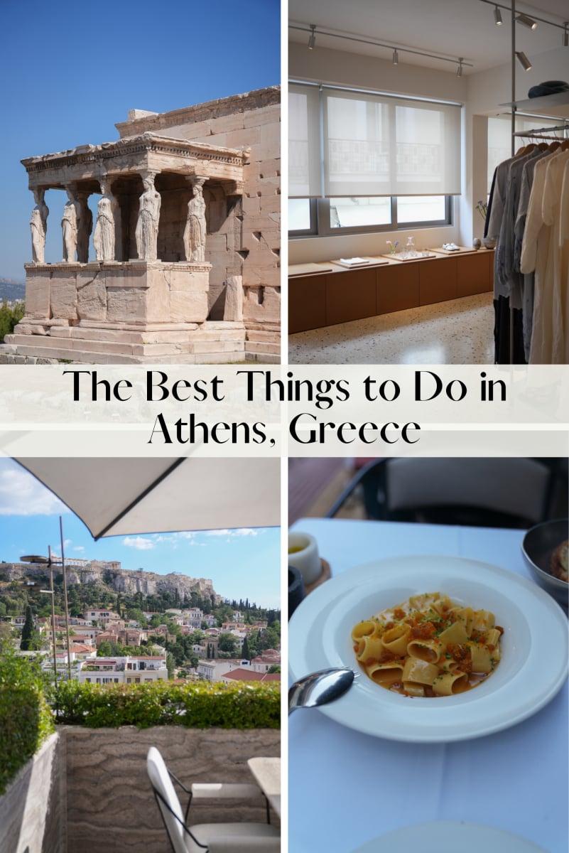 Athens travel guide graphic with Caryatids, boutique, and pasta