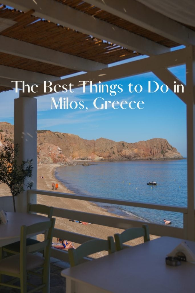 Pinterest graphic with a beach view and Milos travel guide title