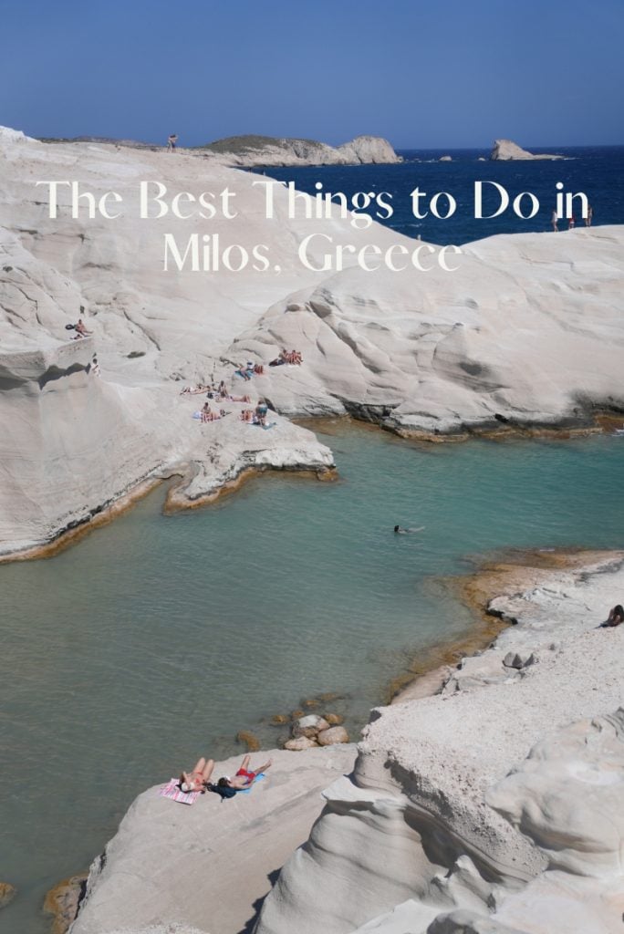 Milos travel guide graphic over white cliffs and turquoise water