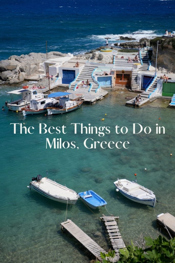 Pinterest graphic with boats and a Milos travel guide title