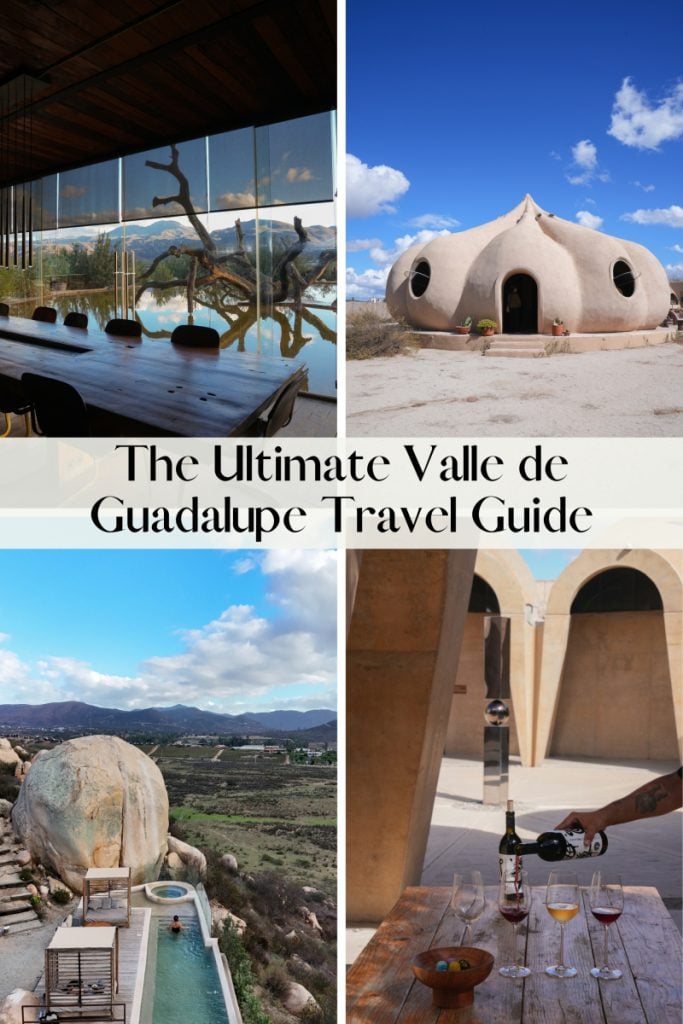 Valle de Guadalupe guide graphic featuring architecture, pool, and wine