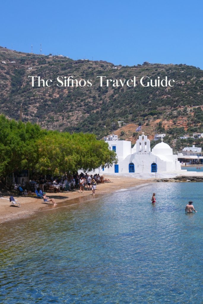 Sifnos travel guide graphic with beach and white church