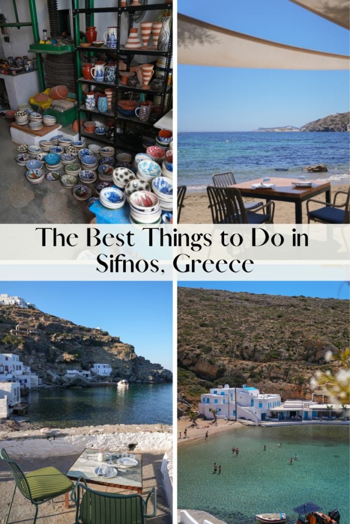 Sifnos activities graphic with pottery, beaches, and seaside dining