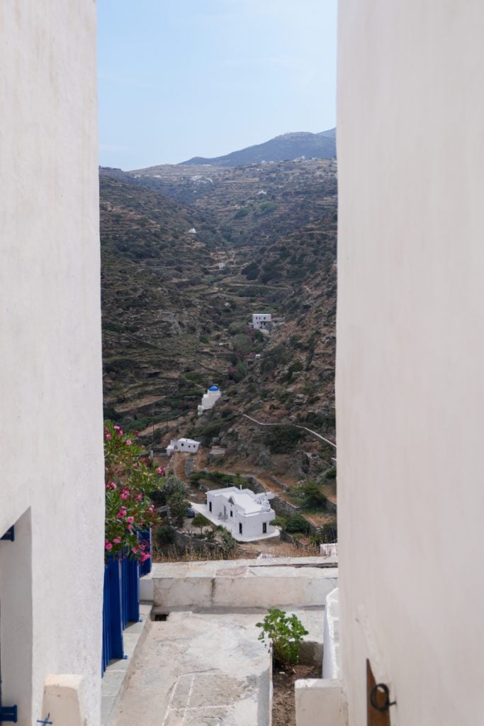 Terraced valley and blue-domed chapel viewed from Kastro