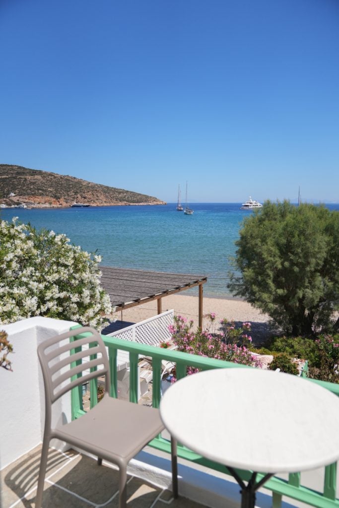 Balcony at Villa Glaros overlooking Platis Gialos beach and the bay.