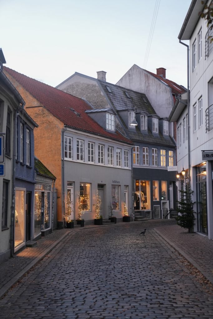Cobbled lane with illuminated shops in Aarhus’s Latin Quarter