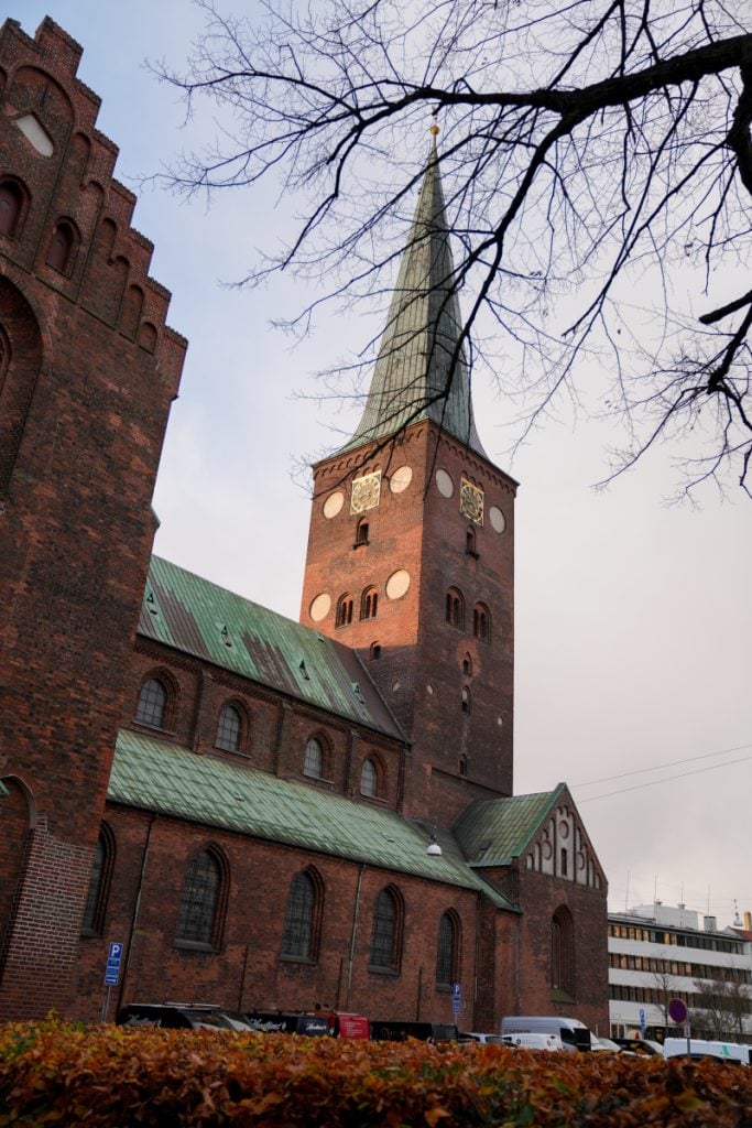 Aarhus Cathedral tower and spire framed by bare branches