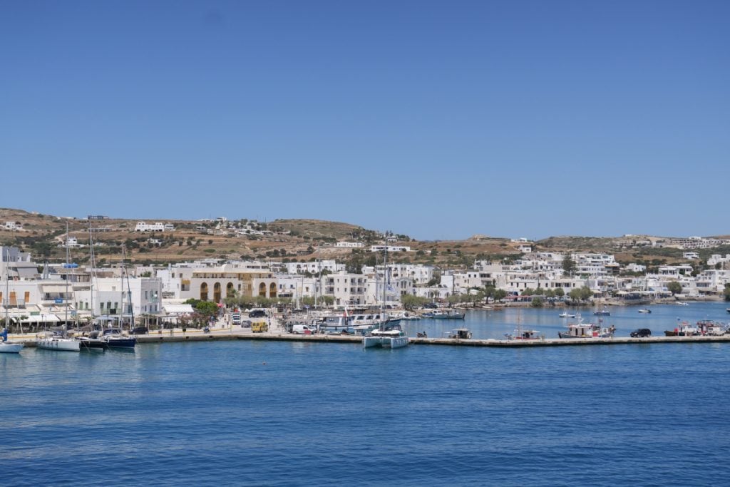 Boats moored along the port of Adamas