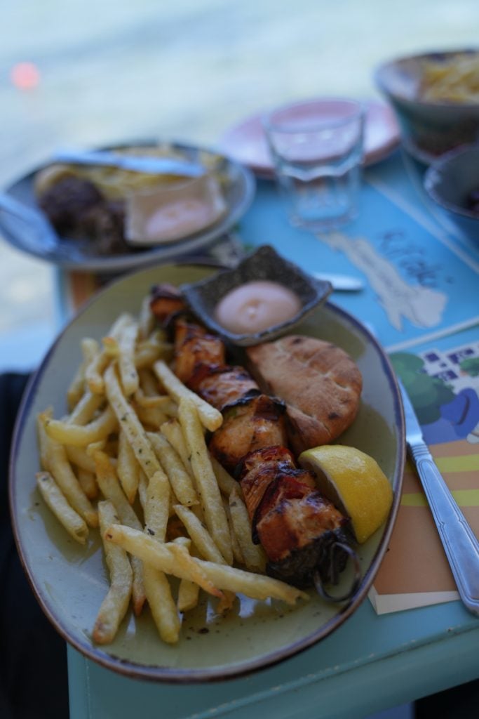 Pork skewers and fries at Akrotiri Restaurant