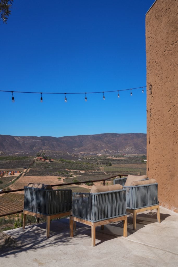 Aldea terrace seating overlooking Valle de Guadalupe vineyards