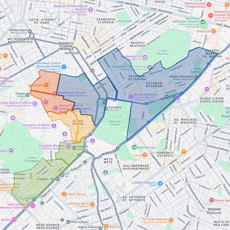 Map of central Athens highlighting Plaka in orange, Koukaki and Makrygianni in green, Syntagma and Kolonaki in blue, and Monastiraki and Psirri in red.