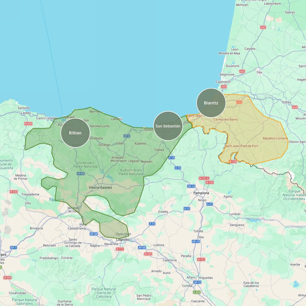 Map of itinerary bases: Bilbao, San Sebastián, and Biarritz