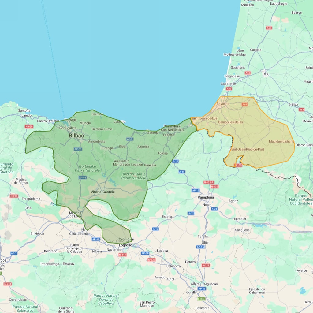 Map of Spanish and French Basque Country regions