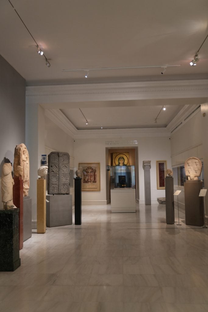 Religious art and stone artifacts inside the Benaki Museum