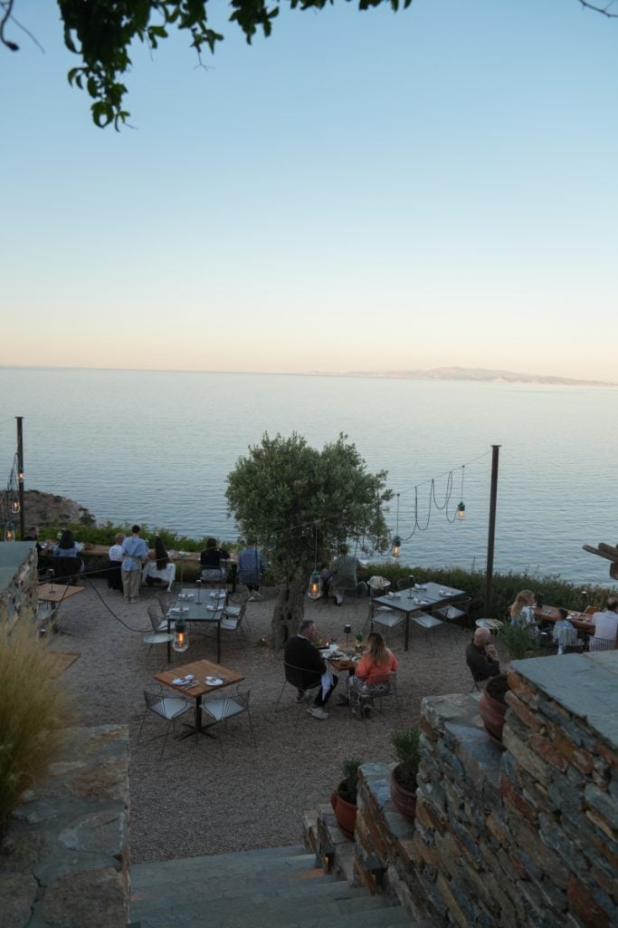Diners on Bostani Bar's terrace overlooking the Aegean