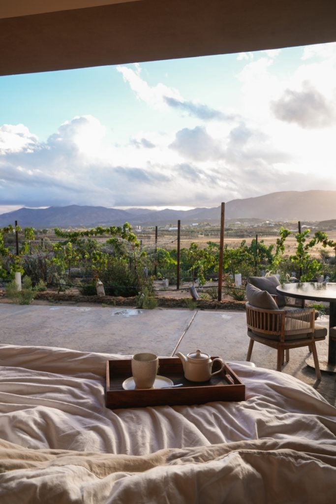 Tea tray on a bed overlooking Banyan Tree Veya vineyards