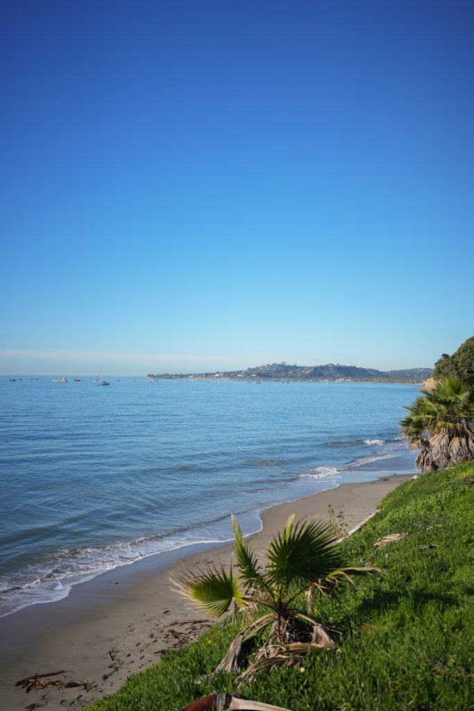Butterfly Beach shoreline with palms, low waves and sailboats offshore