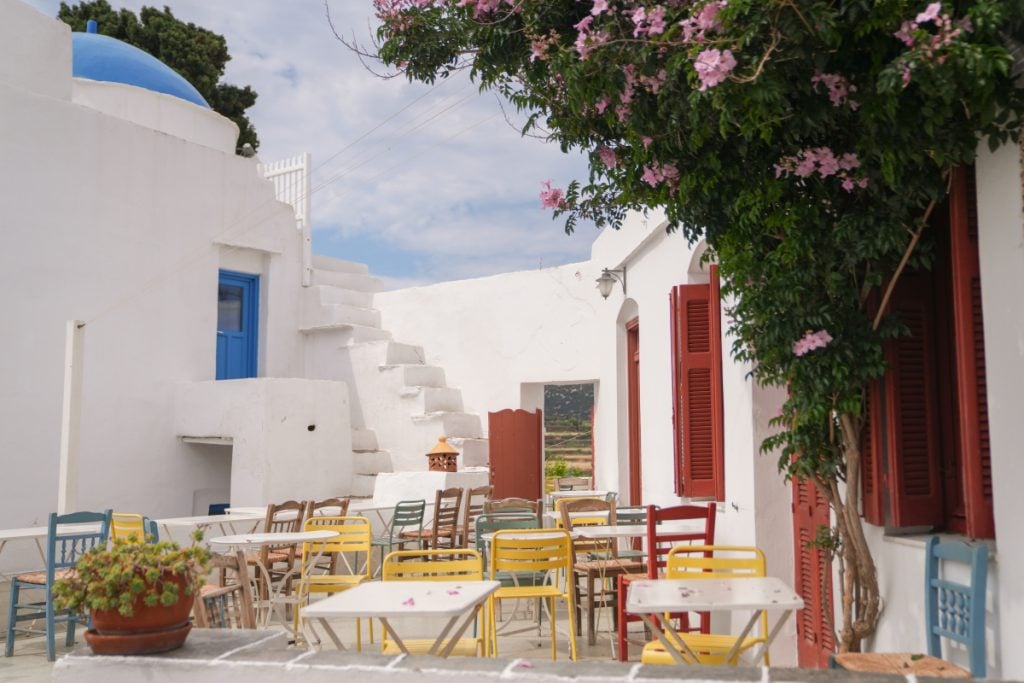 Colorful chairs outside Cafe Mosaic in Sifnos