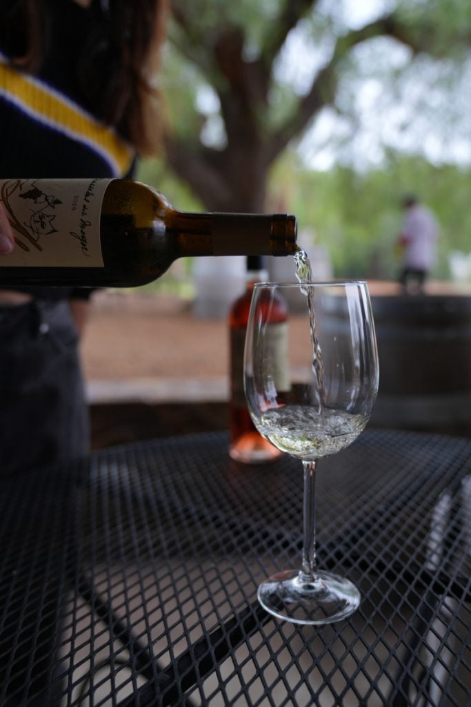 White wine poured into a glass at Cavas del Mogor