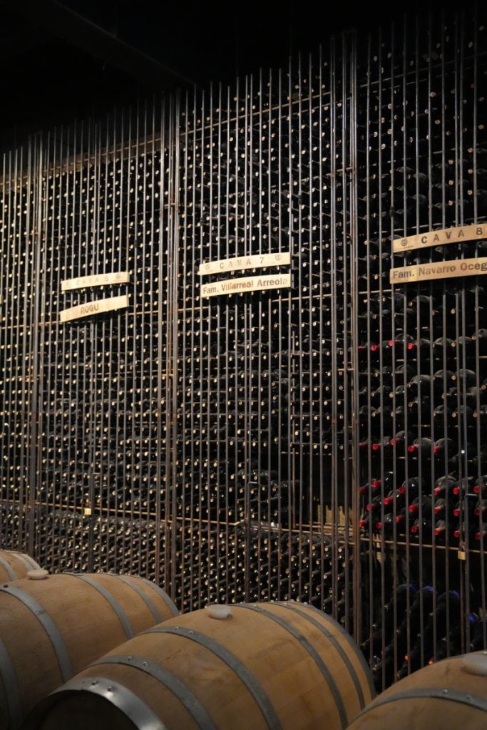 Wine bottles and barrels in Encuentro Guadalupe's cellar