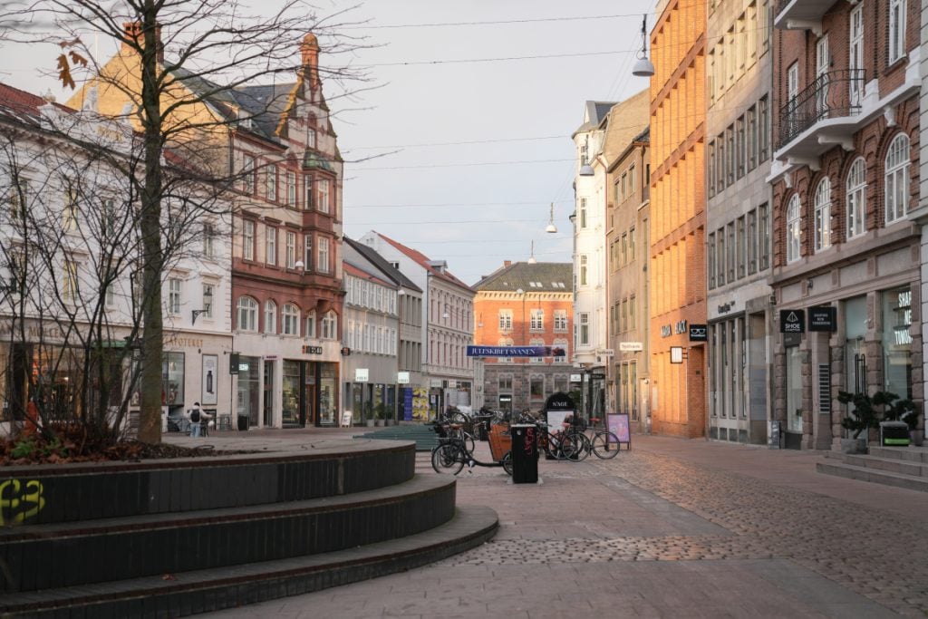 Bicycles along a pedestrian shopping street in central Aarhus
