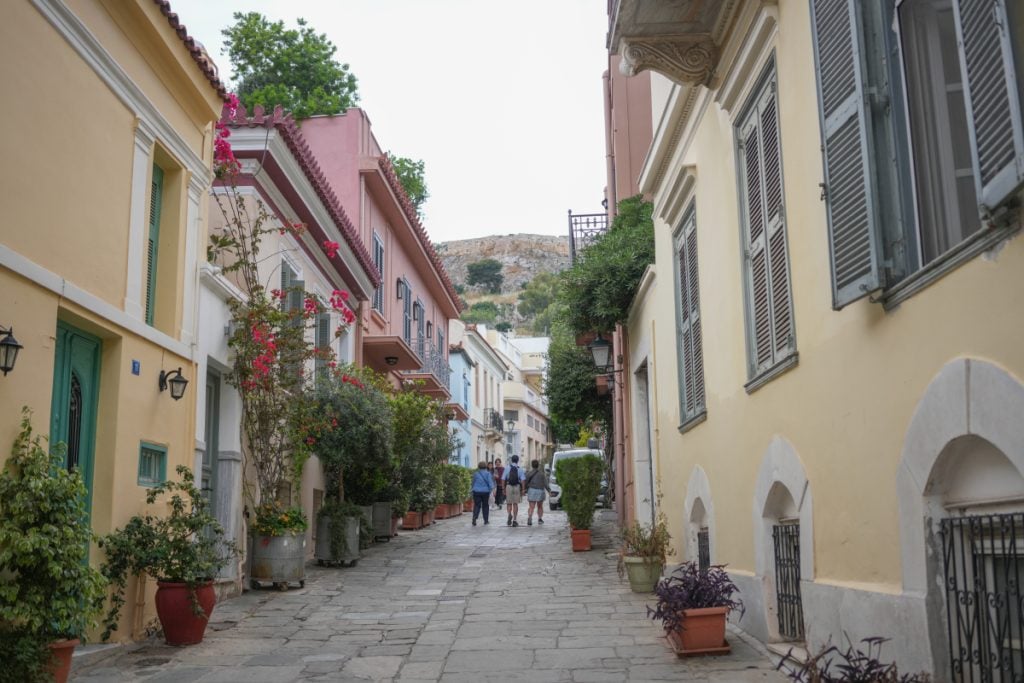 Pedestrian lane lined with colorful homes in Plaka