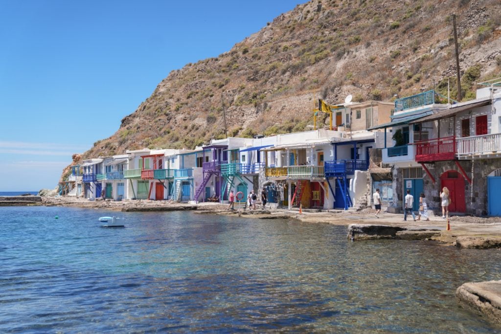 Colorful waterfront boathouses in Klima, Milos