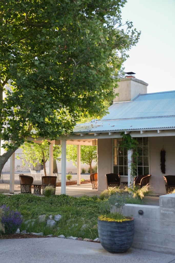 Shaded courtyard patio at Los Poblanos Historic Inn