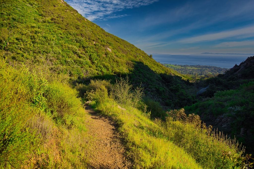 Narrow dirt trail through green hills above Montecito, with the ocean in the distance