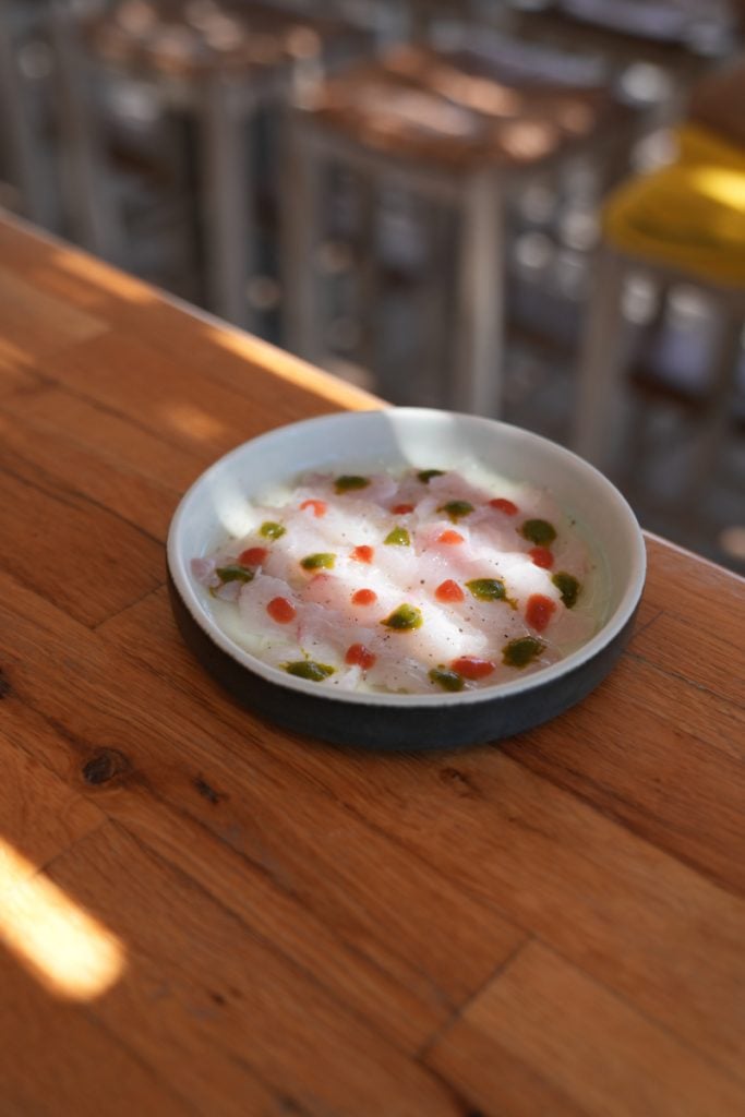Fish crudo dotted with red and green sauces