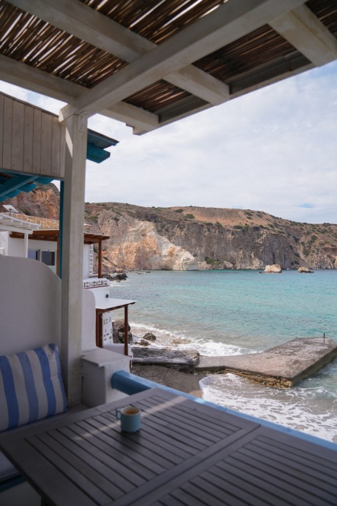 Firopotamos cove from a shaded boathouse terrace