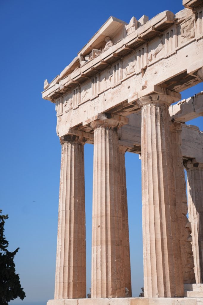 Marble columns and carved entablature of the Parthenon