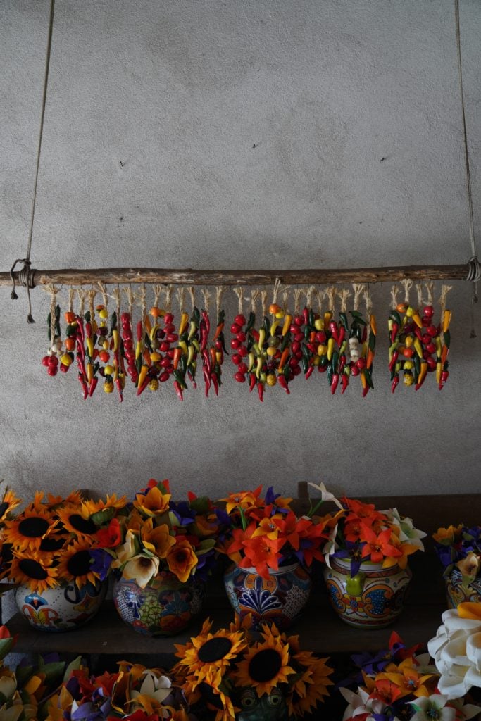 Strings of colorful chiles above painted flower pots