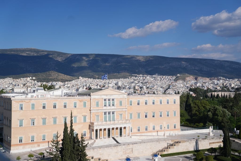 Hellenic Parliament building against the Athens skyline