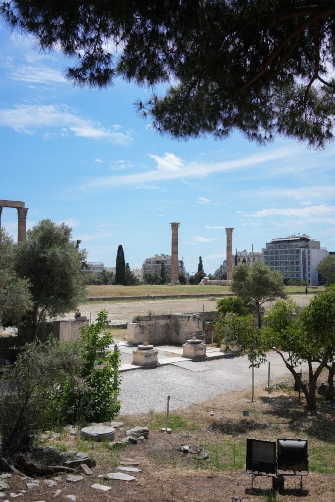 Temple of Olympian Zeus ruins framed by trees