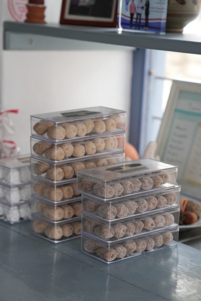 Boxes of round sweets at Theodorou's sweet shop