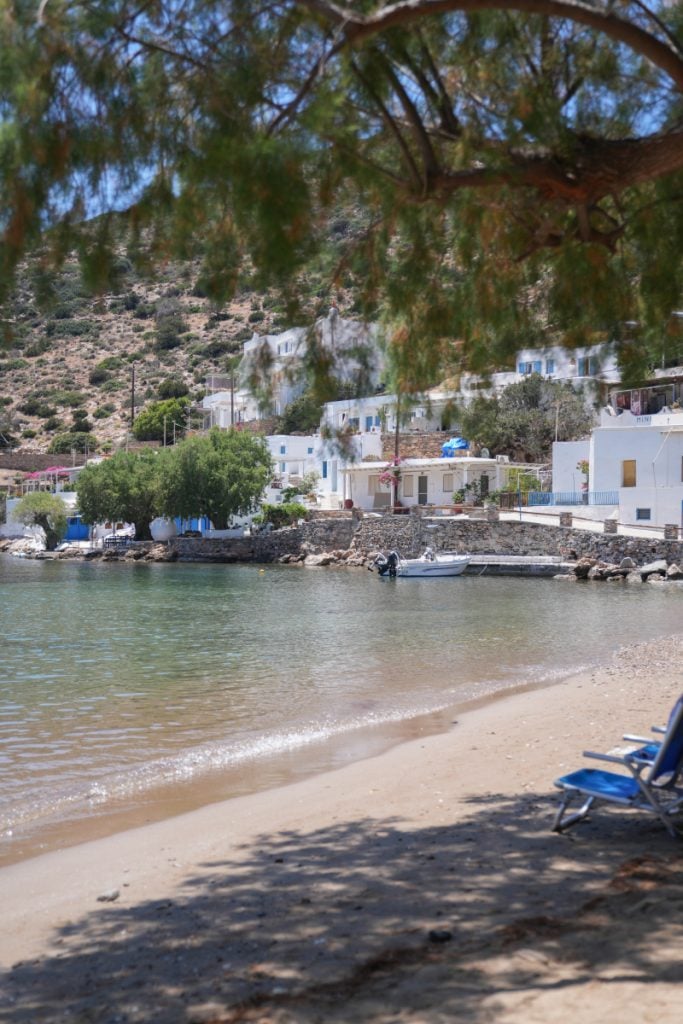 Vathi Beach cove and white waterfront buildings
