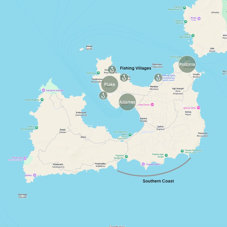 Map of Milos highlighting Plaka, Adamas, Pollonia, the fishing villages, and the southern coast.