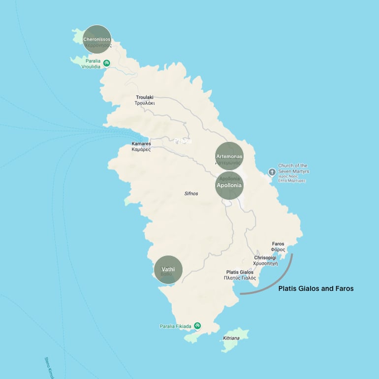 Map of the best areas to stay in Sifnos, highlighting Cheronissos in the north, Artemonas and Apollonia inland, Vathi on the southwest coast, and Platis Gialos and Faros in the southeast.